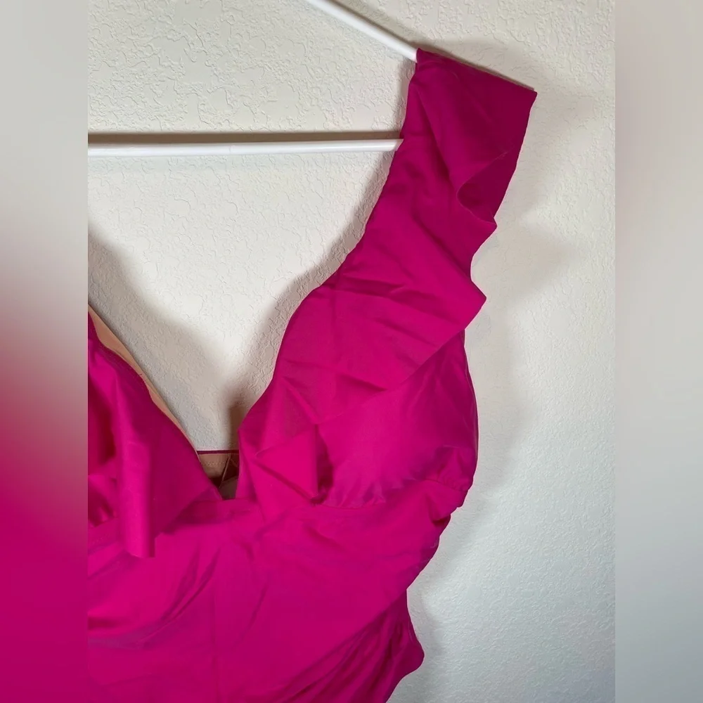 J.Crew fuchsia, pink ruffle ruched one piece swimsuit, size 18